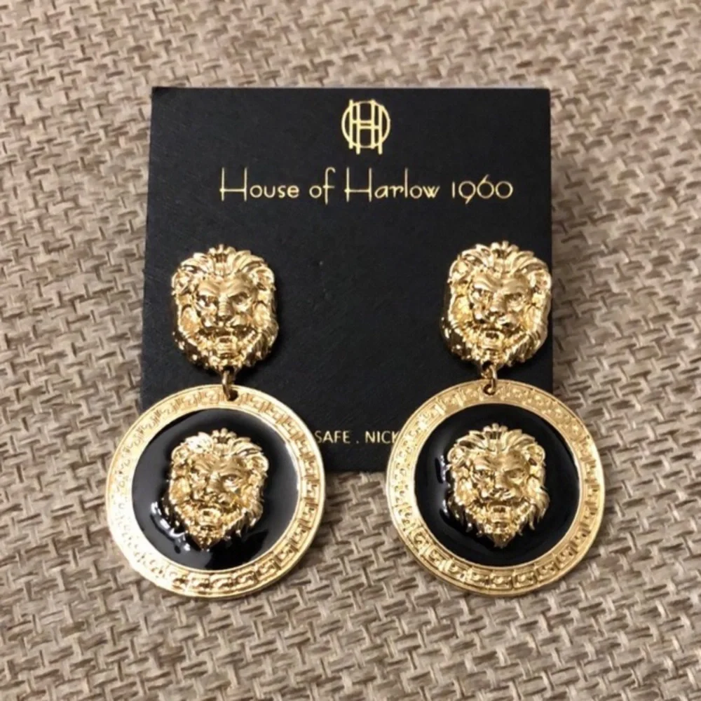 House of Harlow 1960 Lion Head Black Gold Dangle STATEMENT Earrings NEW on card - Picture 1 of 1
